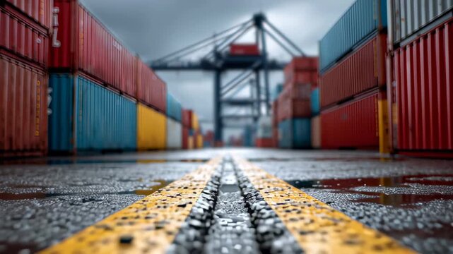 A large commercial port with rows of shipping containers on a wet surface. A crane is visible in the background under a cloudy sky.
