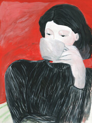 Young woman drinking coffee. illustration