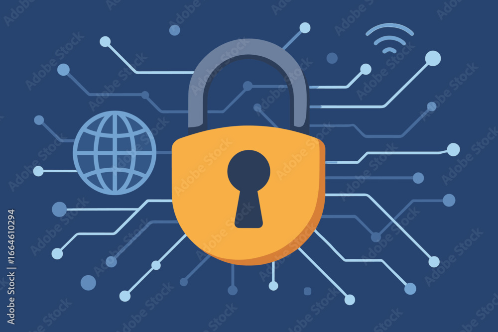 Poster cybersecurity concept with padlock icon. internet technology and network data protection. digital sa