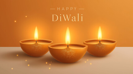 Diwali: Illuminated Diya Lamps and a festive Happy Diwali message on a gradient orange backdrop. The scene encapsulates the warm spirit of this festival of lights, featuring glowing Diya lamps.