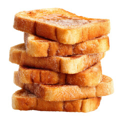 Freshly toasted bread slices stacked high, showcasing golden brown crust and crispy texture, perfect for breakfast or snacks