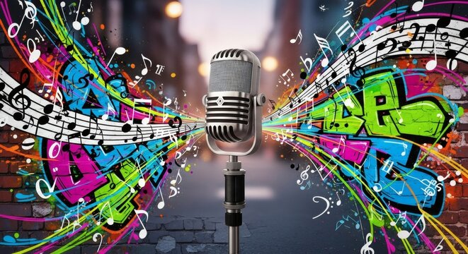 Vintage microphone on a vivid urban backdrop for podcasting enthusiasm