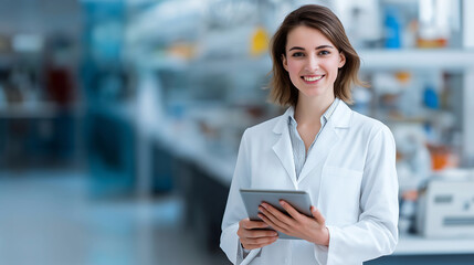 Portrait of a young female pharmacist in labcoat and holding digital tablet while looking at the camera in a drugs store
