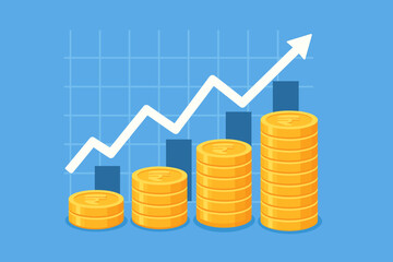 Financial growth concept with Indian Rupee coin stacks and graph. Business investment, stock market chart increase. Economic progress, profit and revenue symbol. Vector.