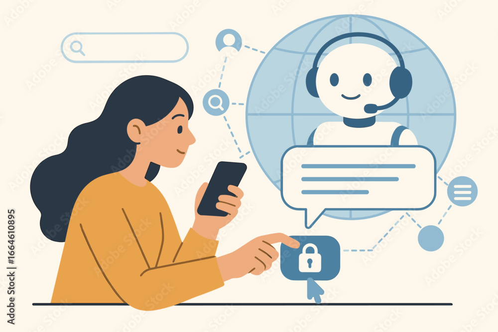 Poster woman using digital chatbot on smartphone for data access and online customer service. ai robot assi