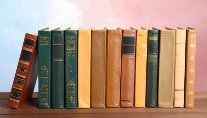 A row of antique-style books, various colors and textures, displayed neatly on a wooden surface against a pastel background.