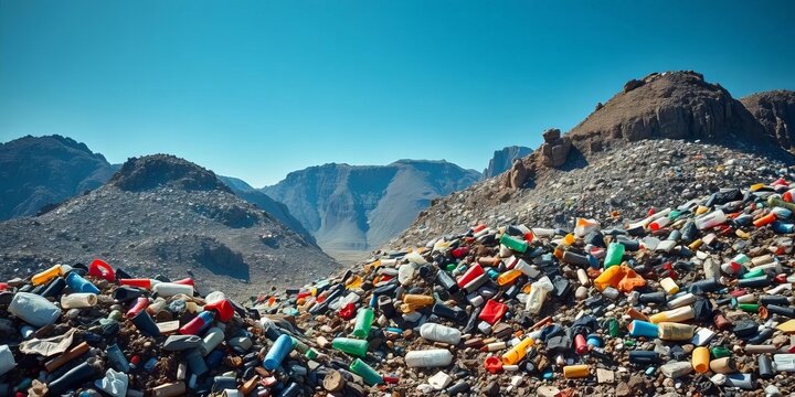 Mountains of plastic waste overflowing a landfill, ecology, recycling