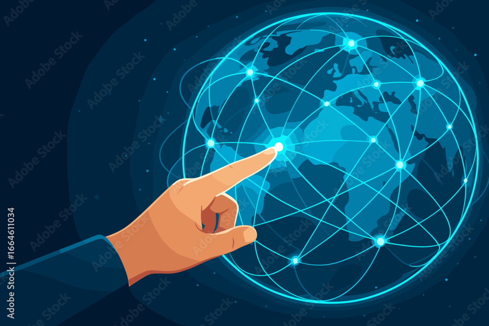 Poster hand touching a global data network on a world map. fastest internet connection, digital technology,