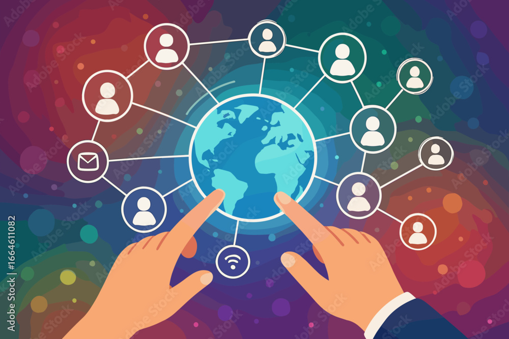Poster hands touching a digital globe, concept of global connection, customer networking, and data exchange