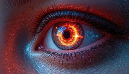 Obraz premium Intense futuristic eye with glowing circuitry offers a glimpse into cybernetic enhancements and the captivating possibilities of advanced technology integration for sci-fi concepts
