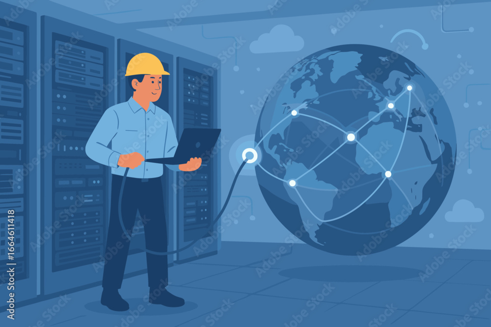 Aufkleber it engineer in server room connecting laptop to global network. vector illustration of data center, 