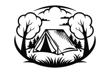 Fototapeta premium Camping Tent Silhouette, Trees, Nature, Forest, Outdoor on White