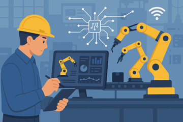 Industry 4.0 concept with engineer monitoring AI robotic arms on an automated production line. Smart factory automation, IoT, data analysis, and industrial technology.