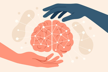 Mental health and psychology concept with hands protecting the brain. Illustration for wellness, emotional support, therapy, neuroscience, awareness, and mental disease treatment.