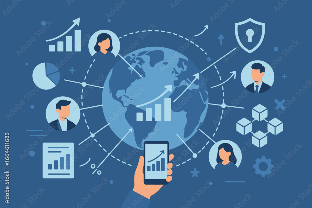 Poster global business technology and data analysis concept. worldwide network connection, machine learning