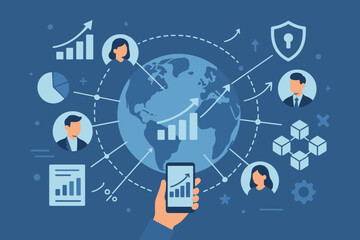 Global business technology and data analysis concept. Worldwide network connection, machine learning, and financial growth. Mobile app with charts for marketing and security.