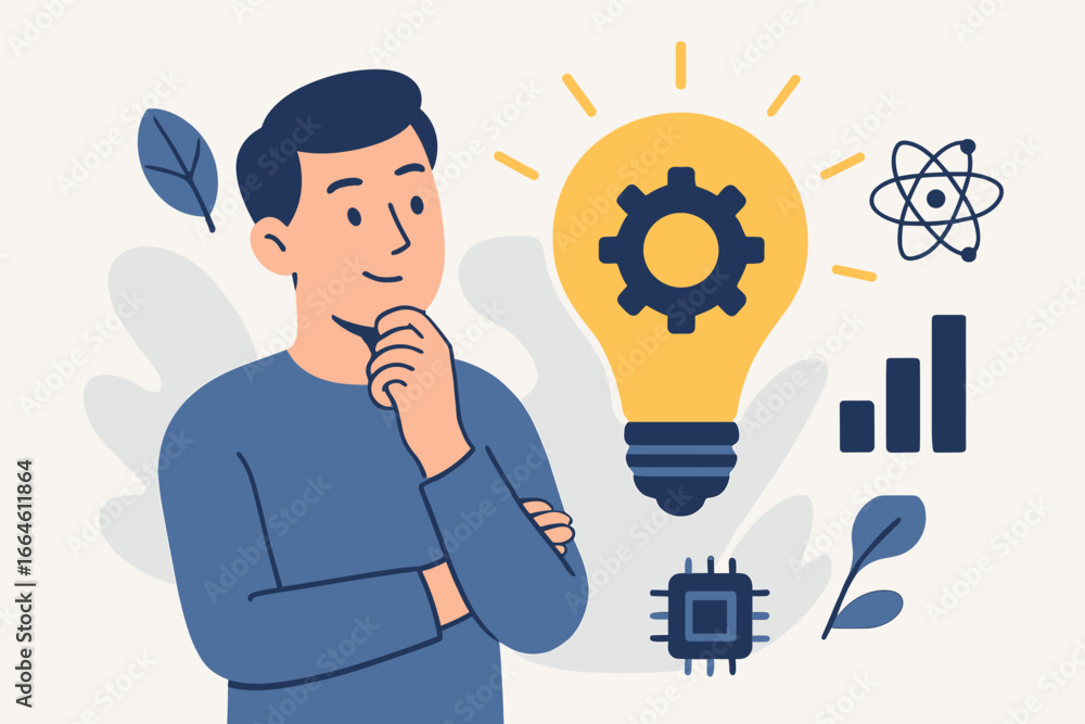 Poster man thinking with light bulb idea. concept of innovation, problem solving, creativity and brainstorm