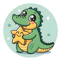 Obraz premium Adorable Chibi Crocodile Cuddling A Soft Star Plush, Playful Kawaii Animal Illustration With Whimsical Cozy Charm, Perfect For Children’s Decor, Stickers, Greeting Cards, And Cute Designs