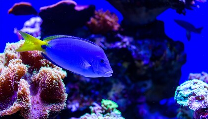 Obraz premium A vibrantly colored fish, a striking blue hue with yellow fins, gracefully swims amongst vibrant coral formations in a captivating aquarium setting.