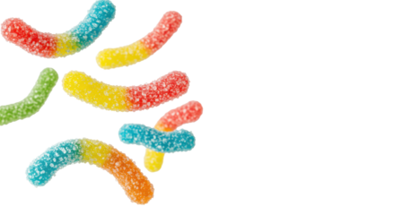 Multiple vibrant sugar-coated gummy worms, red, yellow, blue, orange, green, with glistening crystals, floating on a clean shadowless white background, negative space. Concept of pure indulgence and