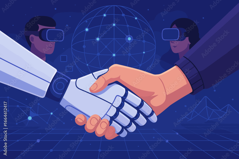 Poster metaverse technology concept with a robot and human handshake. artificial intelligence, virtual real