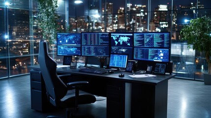 The tech-filled office is lit up at night, with the city lights visible outside the window.