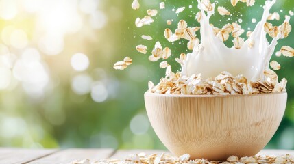 A vibrant image of oats with milk splashing in a wooden bowl, perfect for breakfast.