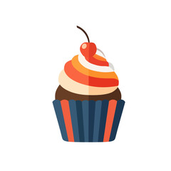 Delicious cupcake with colorful frosting and cherry isolated on white background