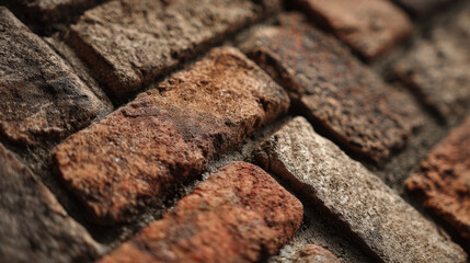 Close up of rustic brick wall texture showing rough surfaces and earthy tones in detailed pattern