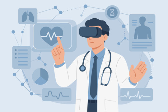 Medical technology concept. Doctor in virtual reality glasses researches patient data on a simulator interface. Healthcare network, futuristic innovation and metaverse concept.