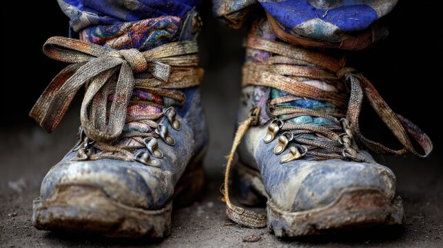 Mud-caked hiking boots, untied laces. Worn floral pants. Close-up, earthy tones