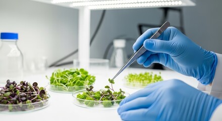 Scientist analyzing plant samples in laboratory with tweezers