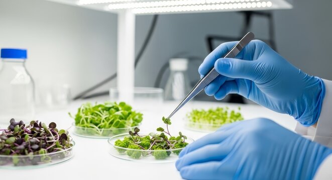 Scientist analyzing plant samples in laboratory with tweezers