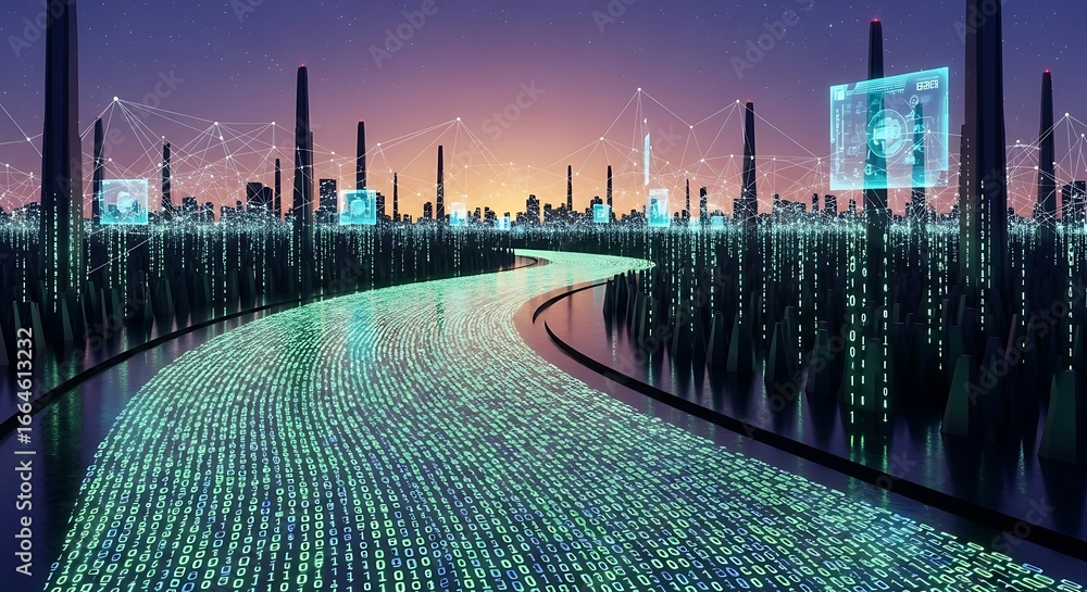 Poster digital city landscape with binary code road and network connections at dusk with futuristic buildin