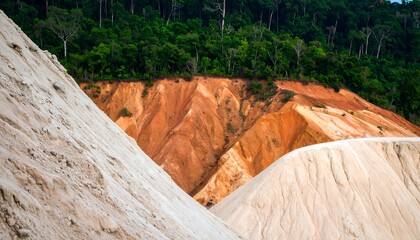 A colorful landscape of contrasting earth tones, showcasing a dramatic geological formation with layers of white and reddish-orange sand.