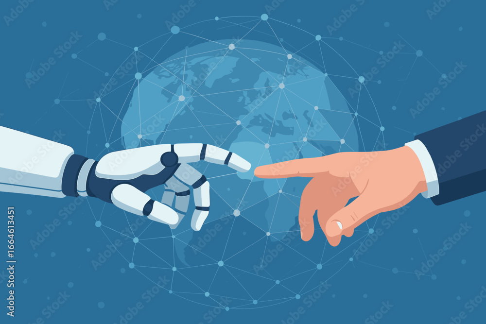 Poster robot hand and human finger touching on global virtual network connection, future interface concept,