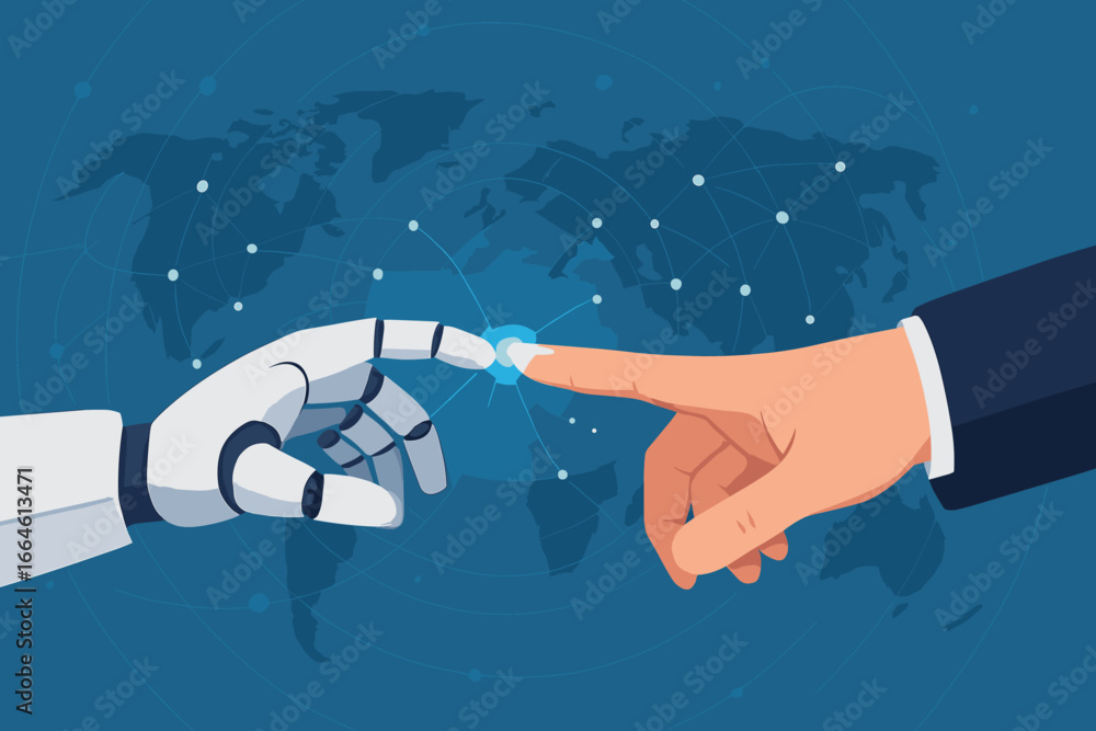 Aufkleber futuristic connection between robot hand and human finger on global virtual network, artificial inte