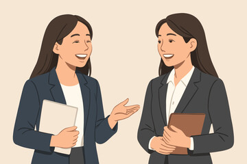 Smiling young Asian professional businesswomen collaborating, sharing ideas, standing and talking about business in a relaxed manner, modern flat vector cartoon illustration