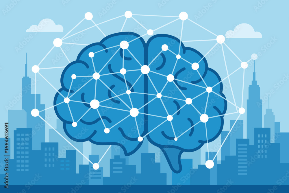Poster smart intelligent communication abstract brain with network and connection technology on modern city