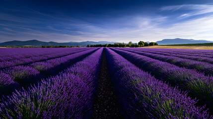 Obraz premium A tranquil landscape of lavender fields under a blue sky, evoking feelings of peace, relaxation, and calm.