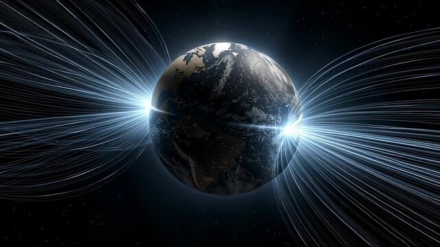 A planet in space with glowing lines of energy emanating from its poles, visualizing a magnetic field. This technology concept depicts global communication and earth science.