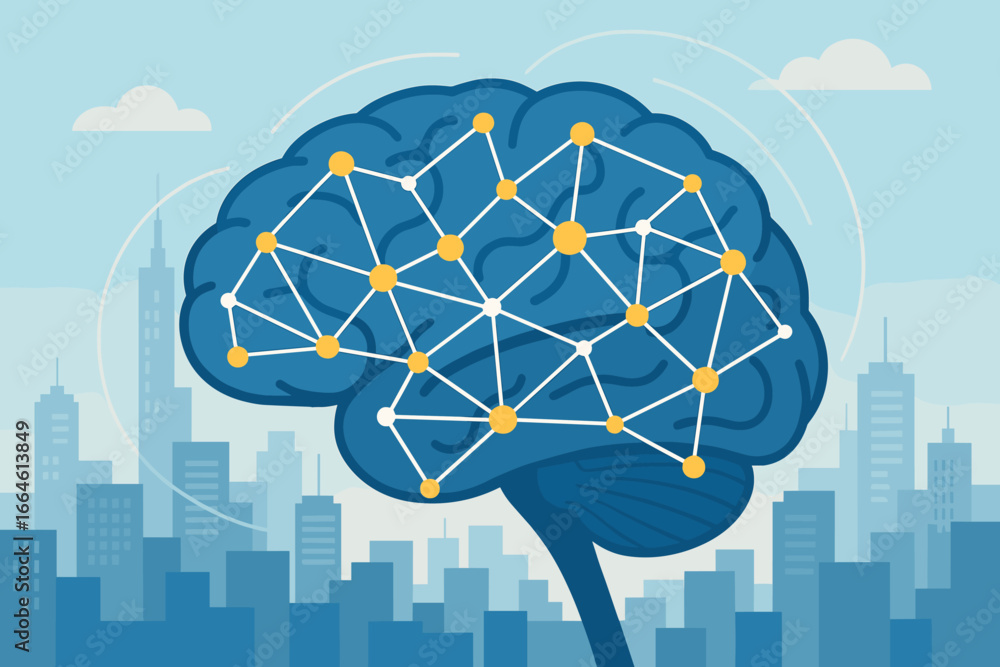 Poster smart intellectual communication abstract brain with network connections, technology nodes, and digi