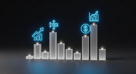 Financial Growth Visualization with Neon Icons on Candle Charts A Conceptual Illustration of Investment Success and Market Trends in a Modern Style