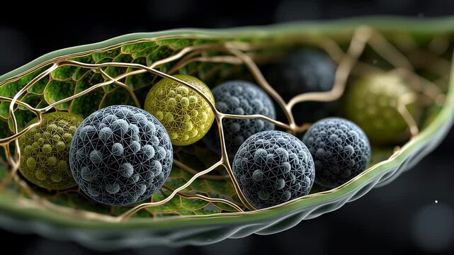 A close-up view of abstract spherical cells or molecules traveling inside a vein-like structure. The round objects are textured and connected by thin filaments.