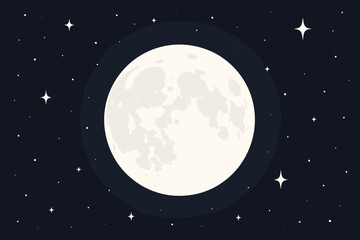 White full moon vector illustration with stars on a dark night sky background. Modern flat cartoon style. Celestial space scene with lunar craters and cosmic atmosphere.