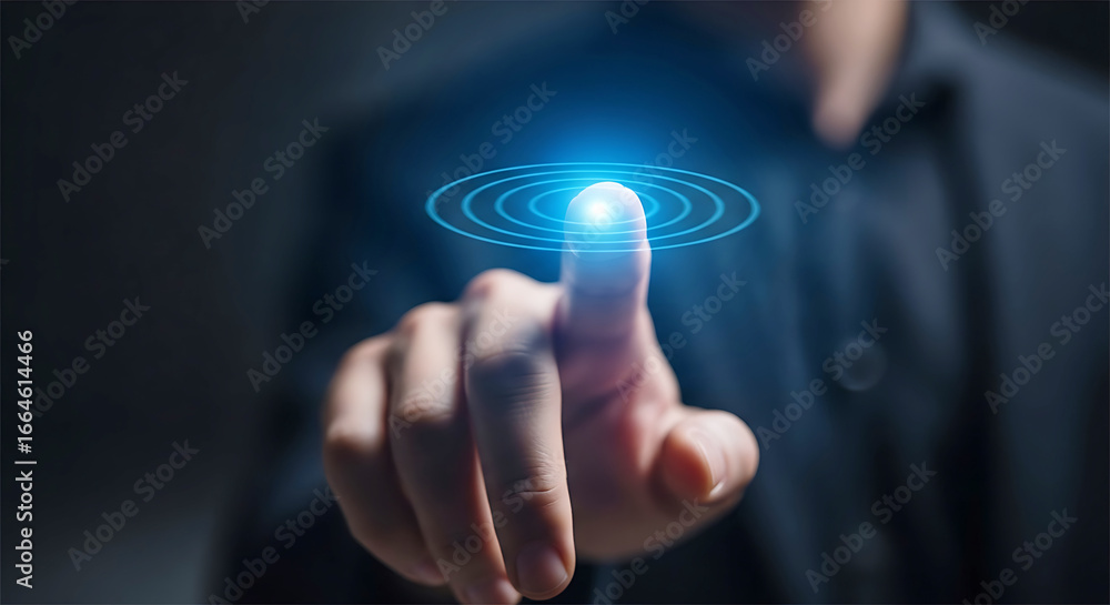 Poster closeup of a finger touching a glowing blue digital interface, symbolizing interaction with future t