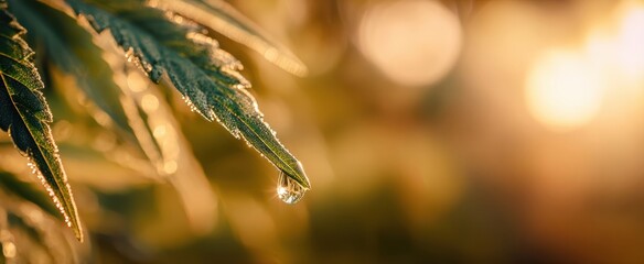The Leaf with Dew Droplet at Golden Sunrise Macro Nature Close-Up