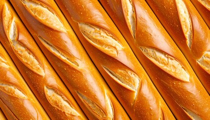 Parallel rows of golden-brown baguettes