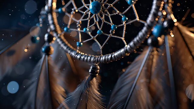 A dreamcatcher with intricate threads, feathers, and blue beads hangs in a low-light, spiritual setting with glowing particles floating in the air, creating a mysterious mood.