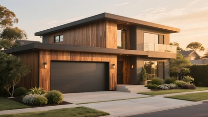 Modern Two-story Wooden House with Large Garage and Balcony at Sunset